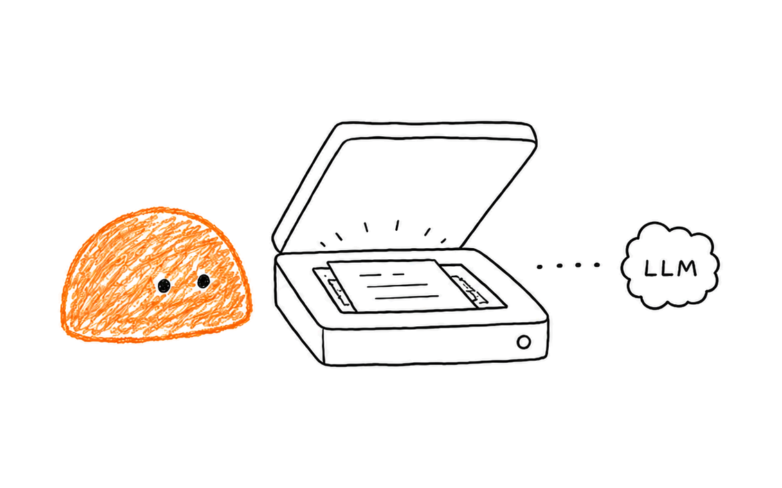 Orange scanning a document, thinking about LLMs