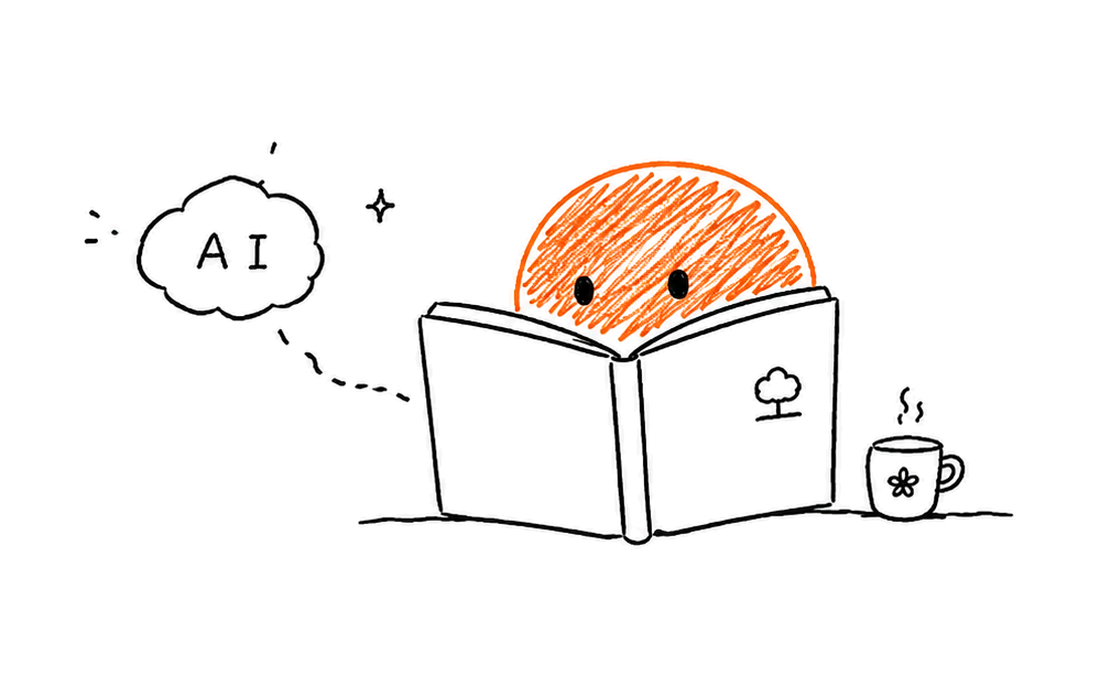 Land of Wisdom — orange reading with an AI thought