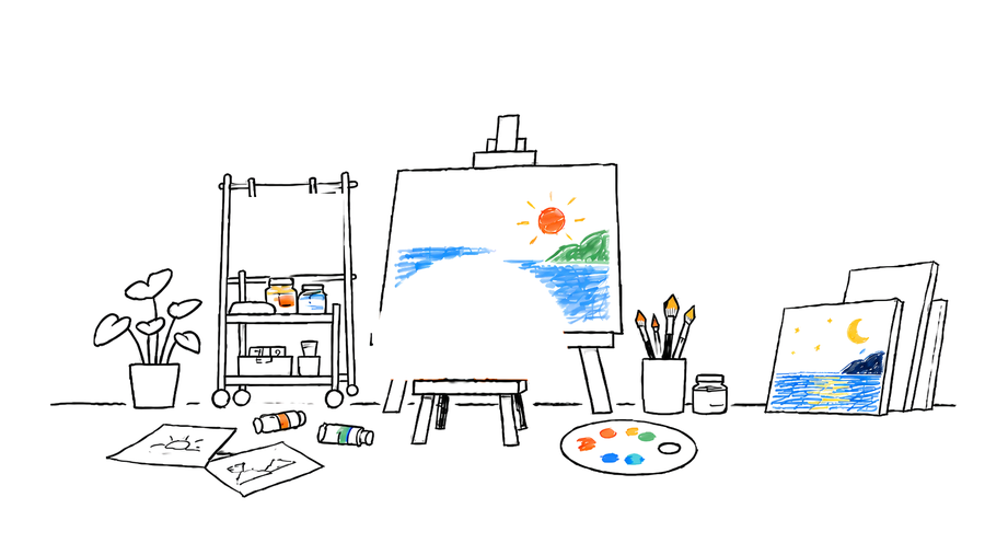 A studio scene: the orange mascot at an easel, a rack of drawings, a plant, brushes and canvases