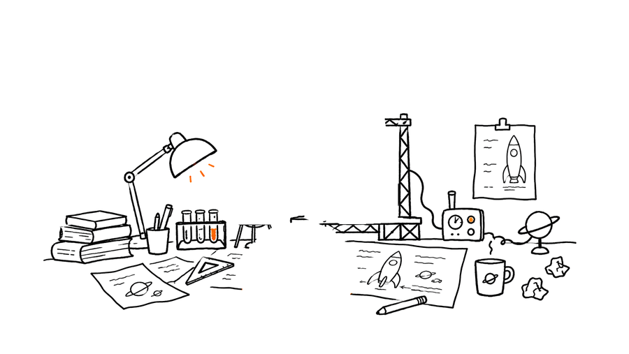 A desk scene: the orange mascot building a rocket among books, a lamp, a flask and sketches