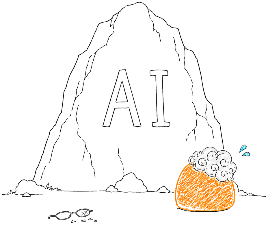 A nervous orange with grey hair and cracked glasses facing a huge mountain with AI carved into it