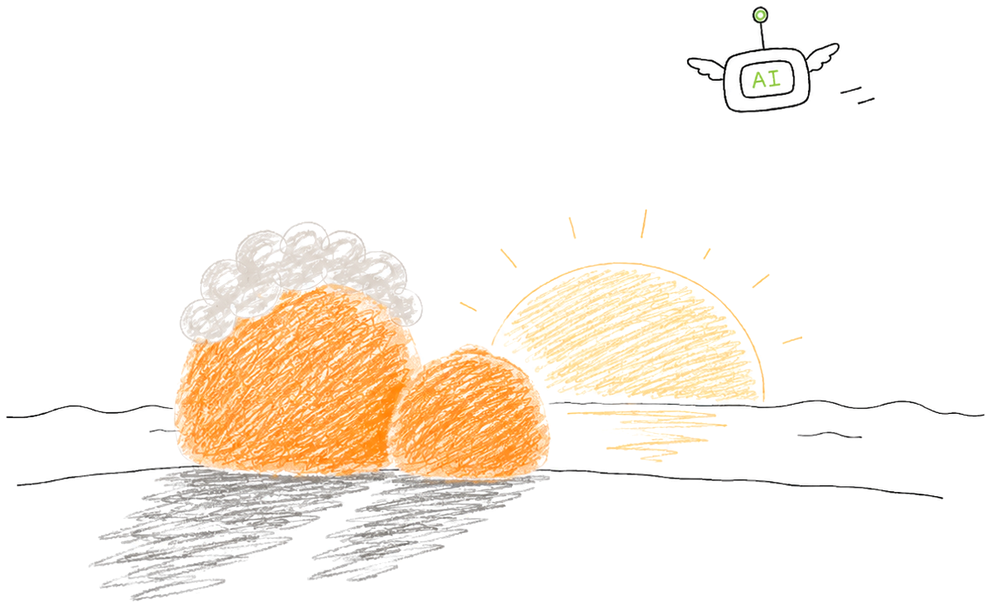 The grandmother and child oranges watching a sunset over the sea, long shadows behind them, as a small winged AI robot flies off into the sky