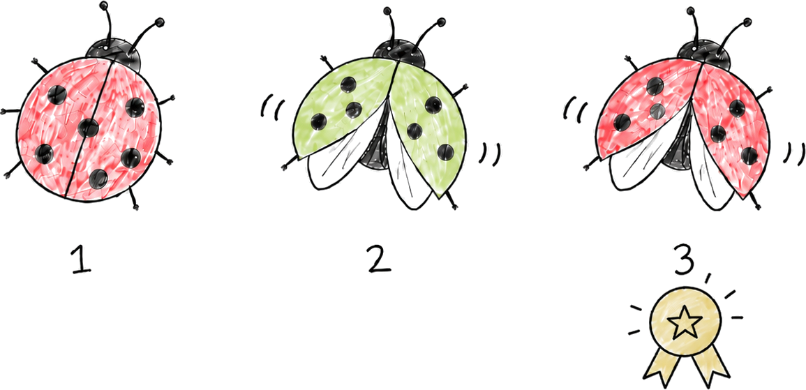 Three ladybug sketches numbered 1 to 3: a closed red ladybug, a green one opening its wings, then a red one in flight wearing a winner's rosette