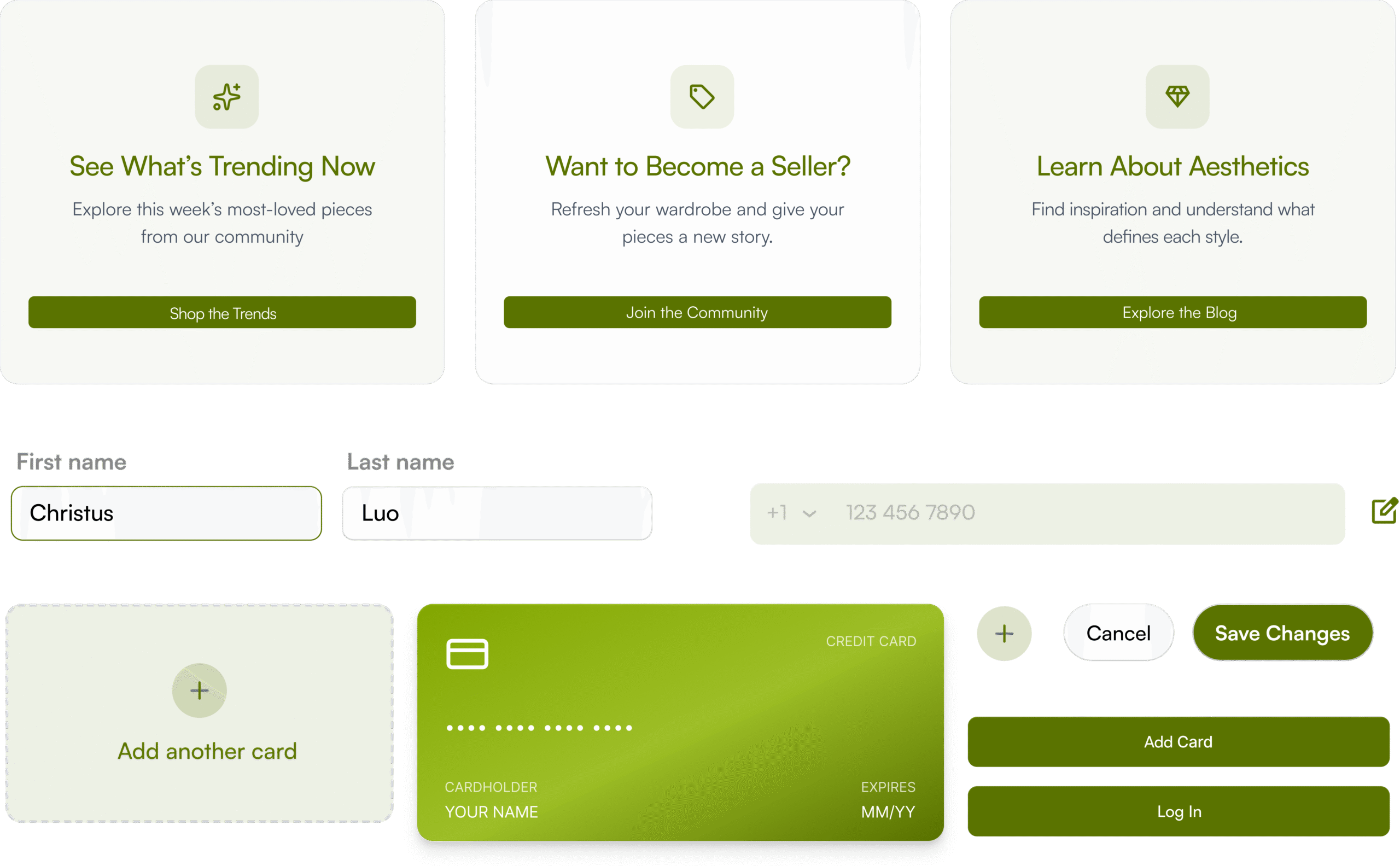 Color system examples showing #5A7300 usage across UI states