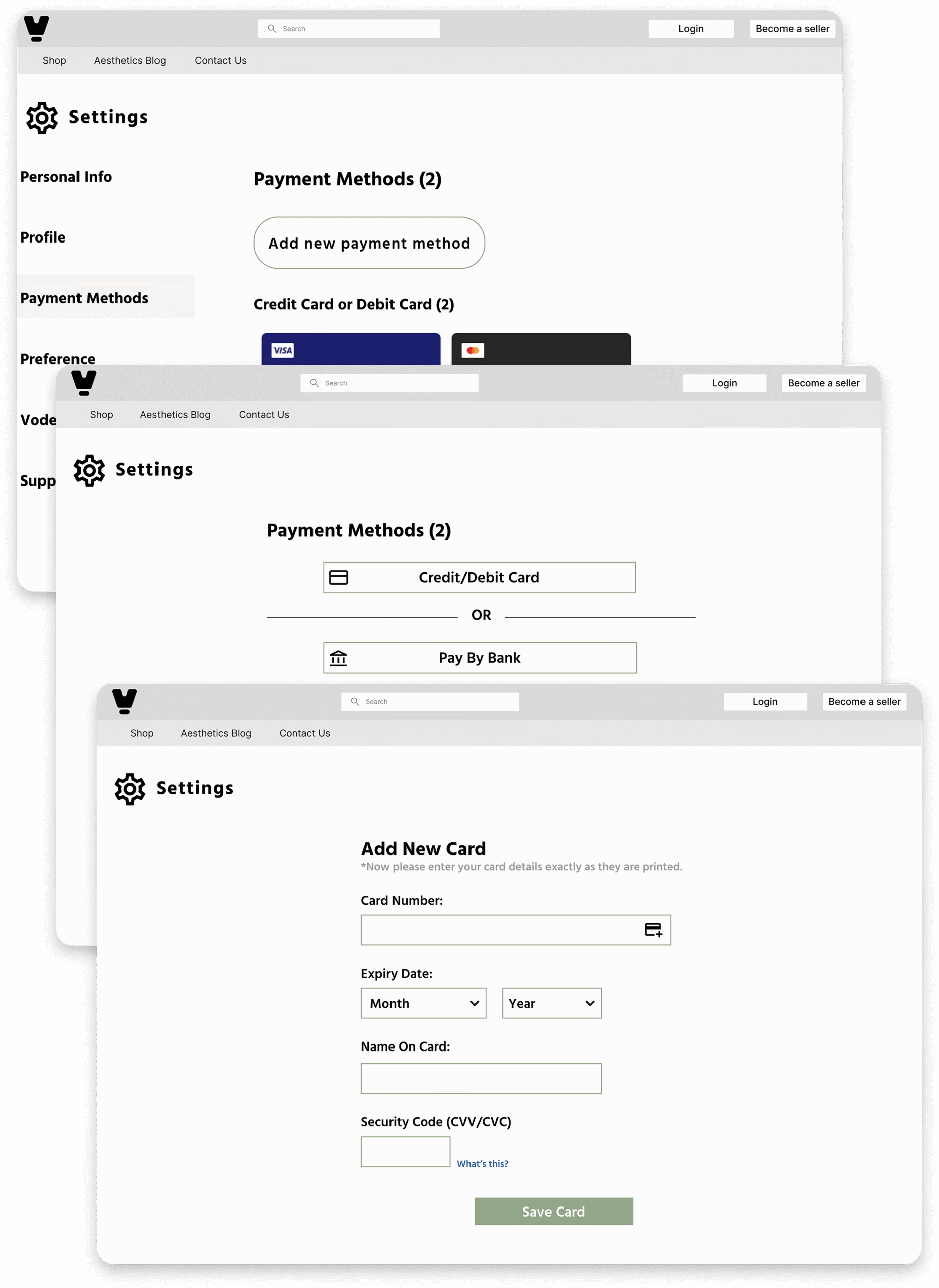 Old version payment method flow (three pages)