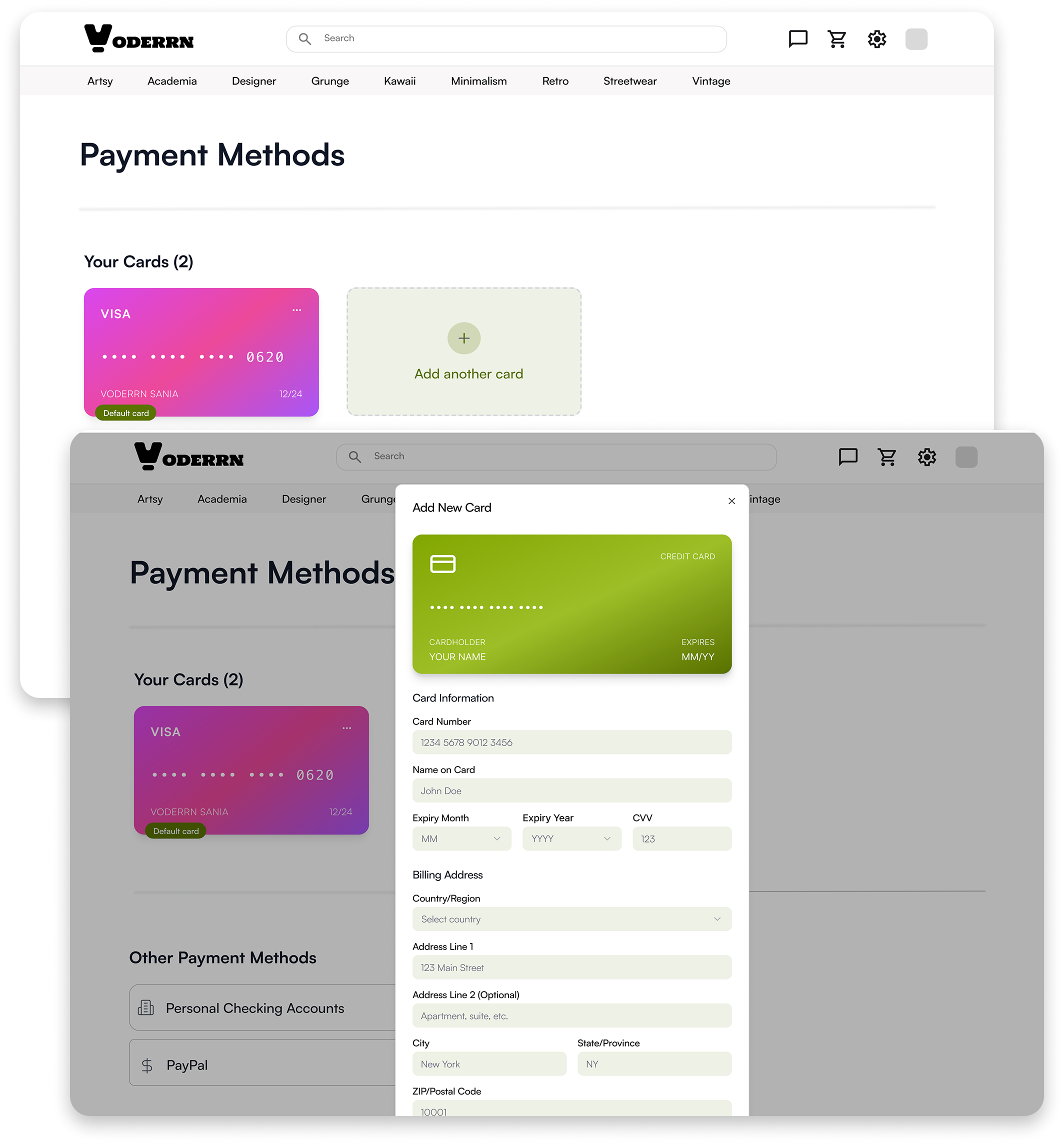 MVP payment method flow on one screen